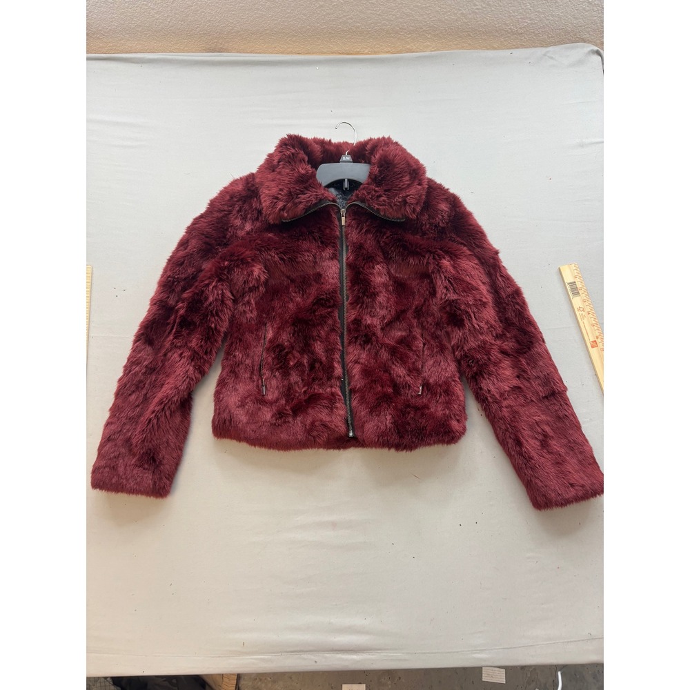 Express Faux Fur Jacket Burgundy Wine Full Zip Cropped Coat XS